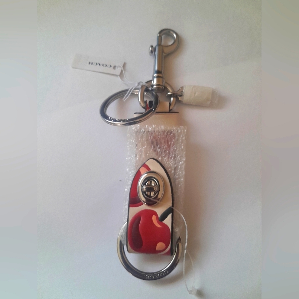 New Coach Keychain/Tote Charm Leather With Dog Clip Cherry Print NWT